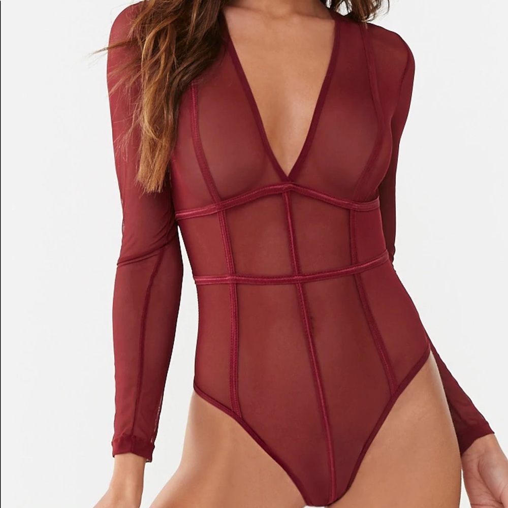 Forever21 Caged Sheer Mesh Bodysuit - Plum - Large